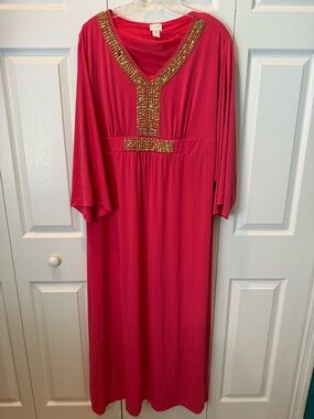 % Chico's Coral XXL Beaded V-Neck Caftan Maxi Dress